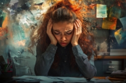 Mujer joven estresada sostiene su cabeza entre las manos